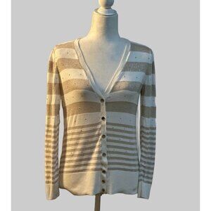 White House Black Market Cardigan Sweater M Striped Beige Metallic Rhinestone Bu
